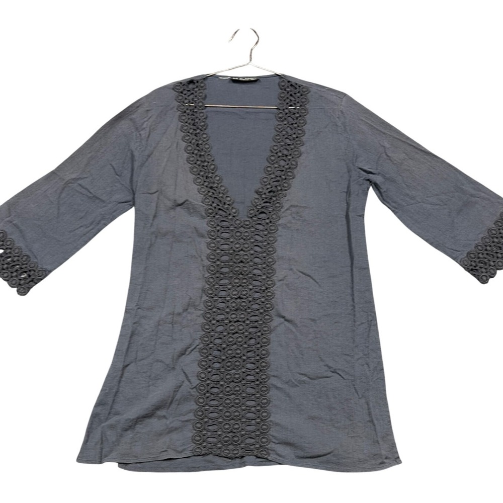 La Blanca Tunic Women M Black Crochet Trim V-Neck Swim Cover Up Boho Beachwear